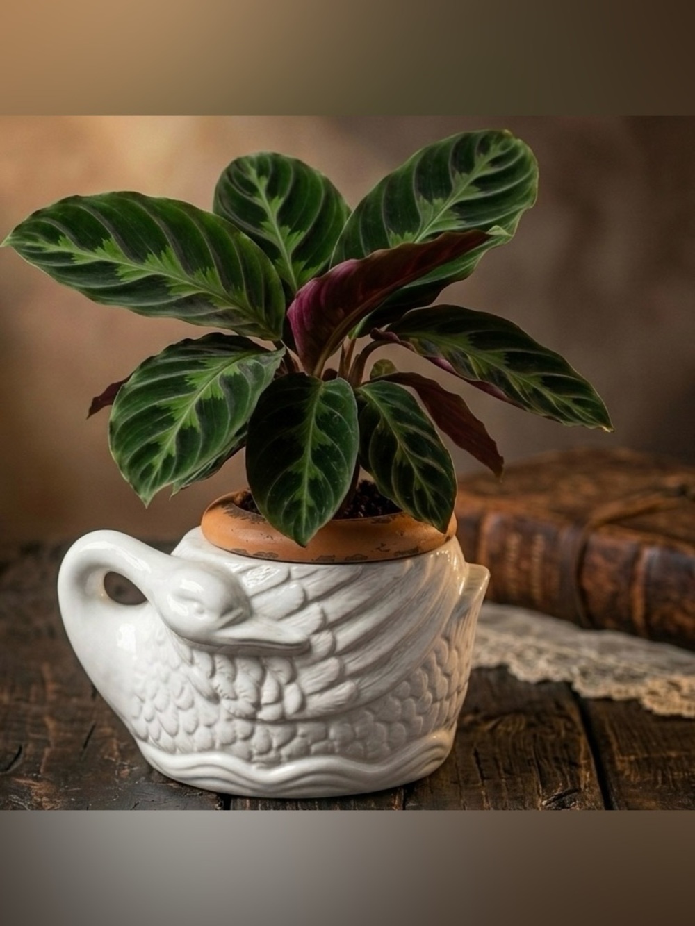Vintage Japan white ceramic swan planter terra cotta pot insert